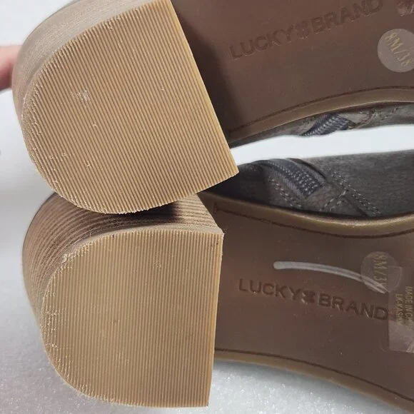 Lucky Brand Gray Leather Kasima Peep Toe Block Heel Booties 8M - Picture 9 of 14